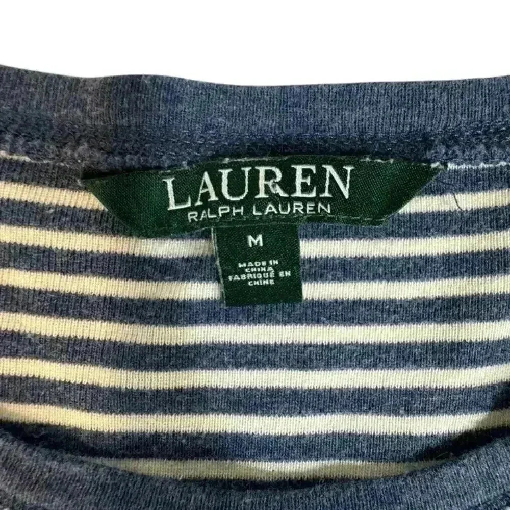 Lauren by Ralph Lauren Soft Cotton Blue/White Stripe Top with suede patch elbow - Picture 4 of 11